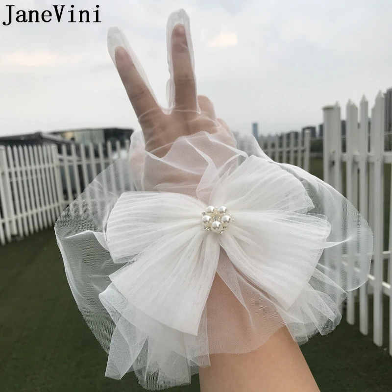 JaneVini Elegant White Short Bridal Gloves Big Bow Full Finger Translucent Tulle Women Gloves Wrist Length Wedding Accessories