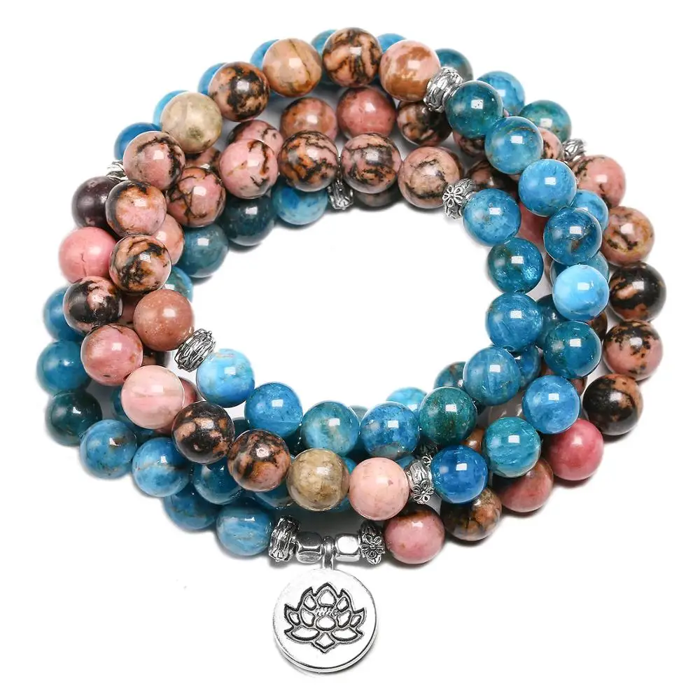 108 Mala Bracelet For Men Natural Apatite And Rhodonite 8MM Beads Bracelets Women Yoga Meditation Lotus Pendant Charm Jewelry