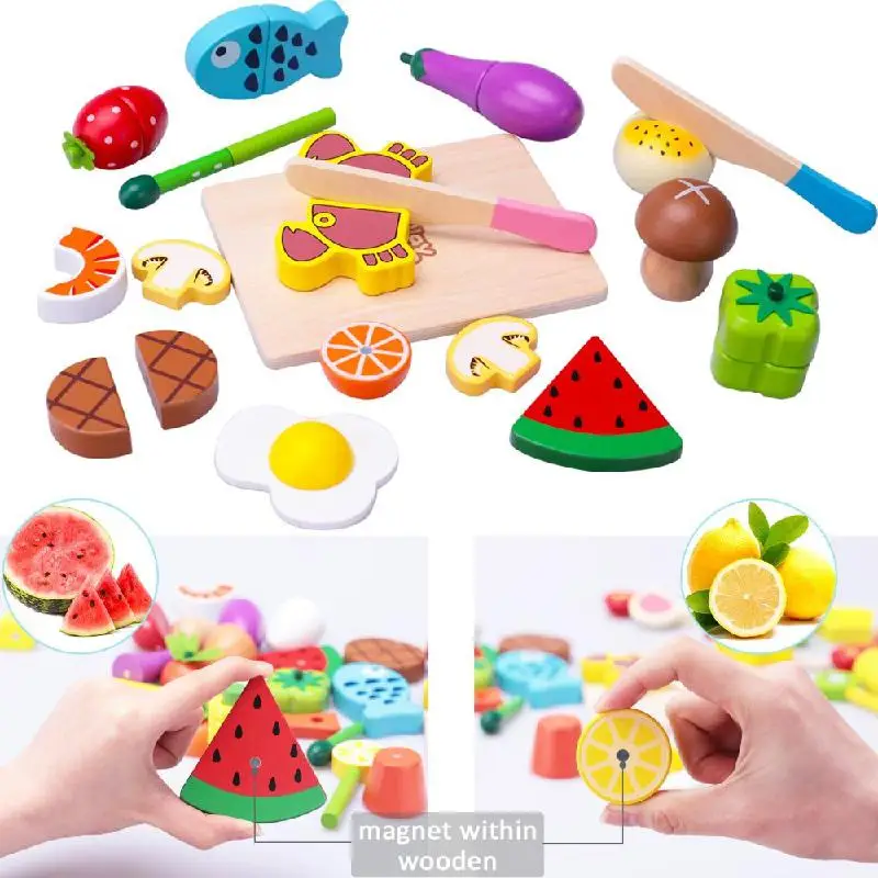 Wooden Magnetic Cut Fruit Toys Children And Vegetables Play House Baby Boys And Girls Cut All Happy Birthday Toy Gifts