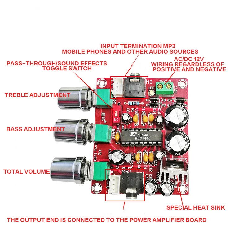 

YWJJX AV/DC12V pre-level tone amplifier board XR1075 amplifier board BBE digital tuning board audio processor pre-amplifier