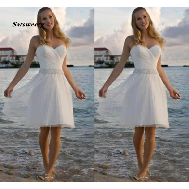 High Quality Sweetheart Rhinestone Tulle Casual Beach Wedding Dresses A Line Short Bridal Gowns Short Wedding Gowns