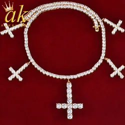 Aokaishen Zircon Cross Pendant Necklace Chain Gold Color Men's Hip hop Jewelry