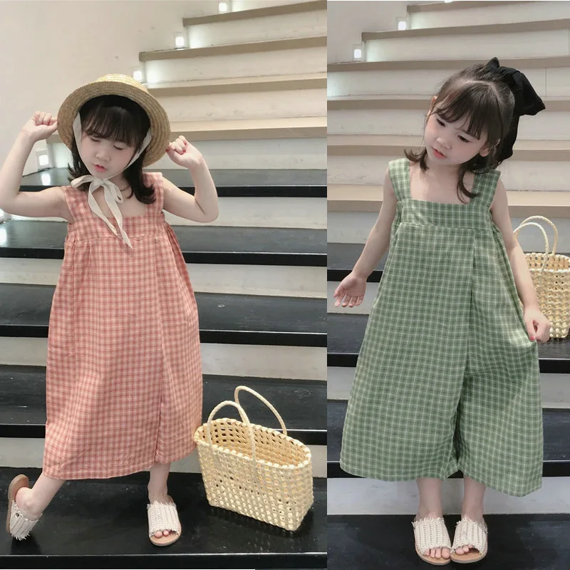 Girls' Summer Jumpsuit Plaid Sling Square Collar Overalls Fashion 2021 New Wide Leg Pants Baby Kids Clothes Children'S Clothing