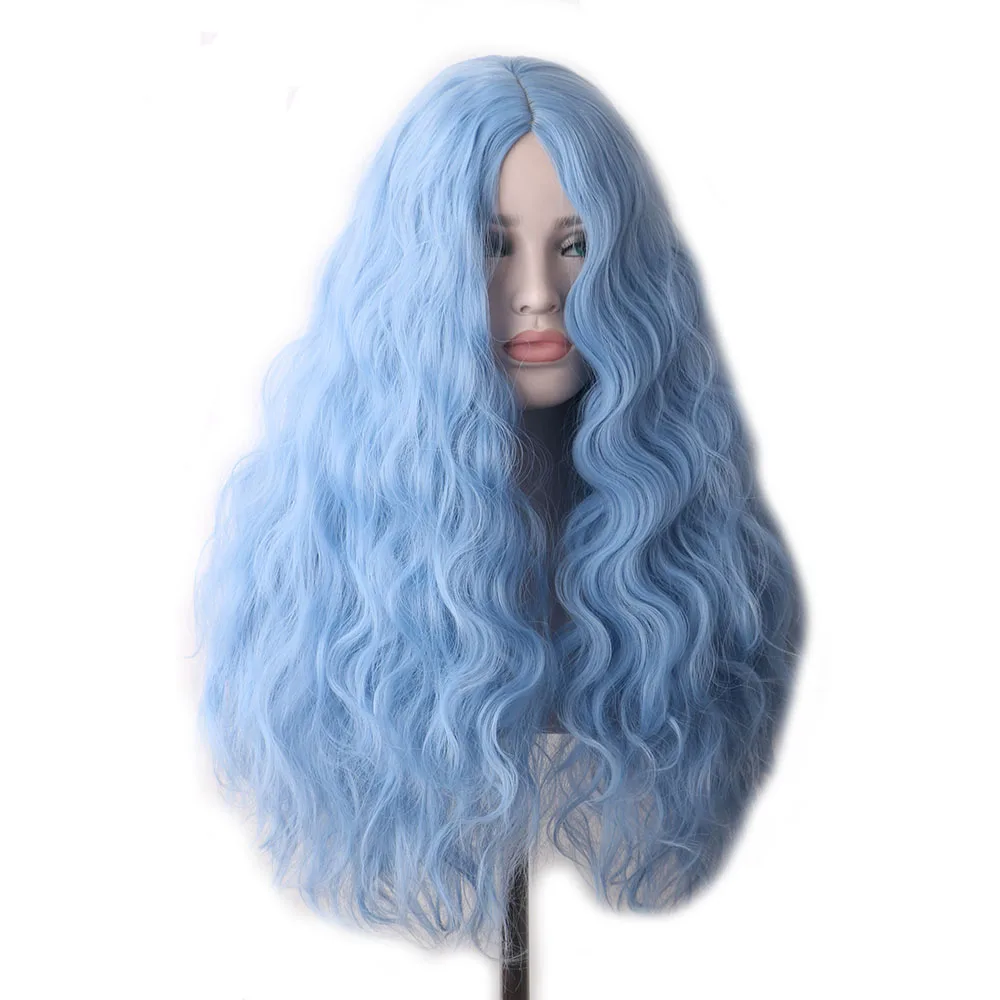 WoodFestival Synthetic Hair Light Blue Wig Cosplay Wigs For Women Long Curly Blonde Brown Ombre Pink Halloween Rainbow Female