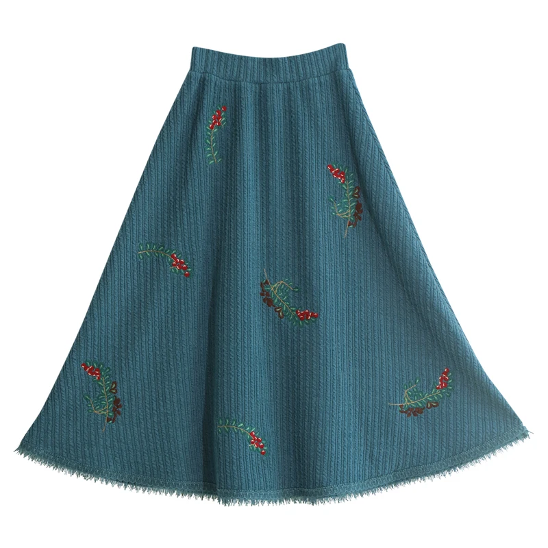 Original Design AIGYPTOS Autumn Winter Women Elegant Vintage Blue Mori Girls Exquisite Fruits Embroidery Lace Hem Knitted Skirts