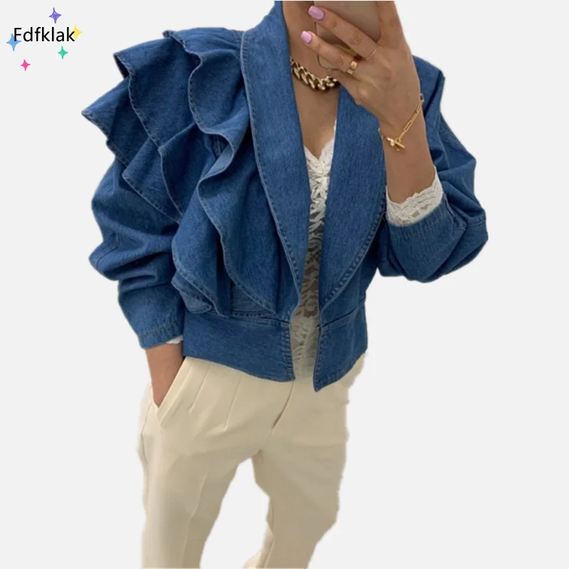 Autumn New Outerwears Korean Fashion Blue Coat V-Neck Ruffled Long-Sleeved Short Women's Denim Jacket Streetwear Jaqueta Jeans