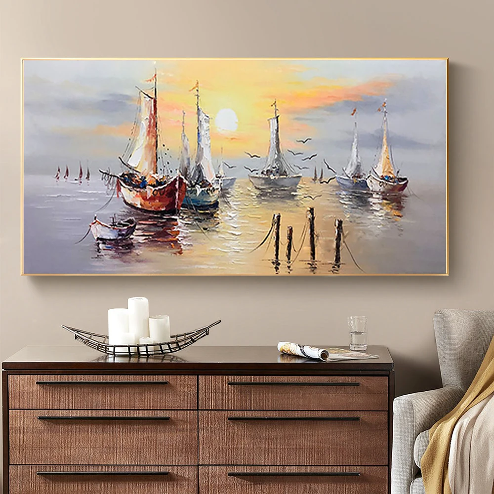 

Large Hand Painted Abstract Sunset Over The Sea Oil Painting On Canvas Sailboat Wall Art Painting Office Living Room Wall Decor