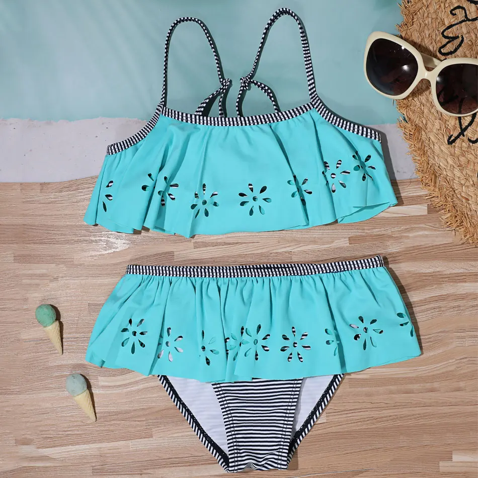 

Flounce Girl Swimsuit Kids Hollow Out Two Piece Children's Swimwear 7-14Years Girl Bikini Set Ruffle Girl Bathing Suit Beachwear