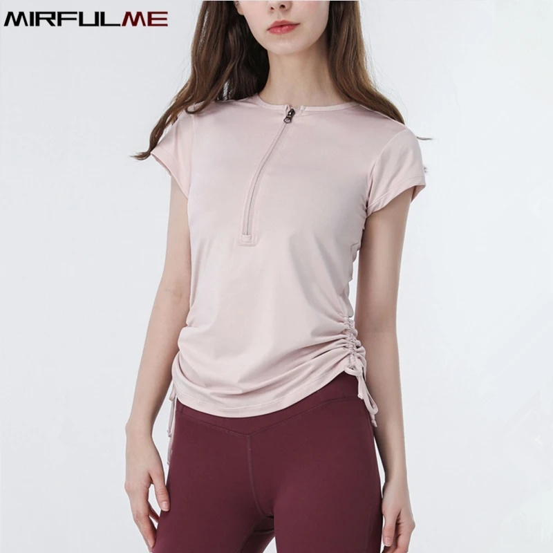 Summer Women Sport Tops Zipper Collar Yoga Shirt Bandage Fitness Running Short Sleeves T-shirt Girls Slim Gym Workout Tee Blouse