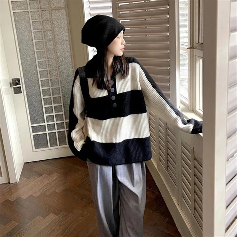 21287 Fall Winter Women’s Sweater Vintage Fashion Striped Print Polo Collar Button Knitwear Female Leisure Knitted Pullover New