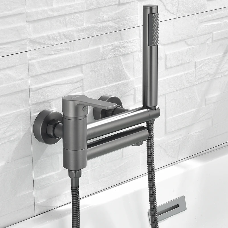 Imagem -02 - Torneira de Banheira de Parede Ouro Escovado Latão Torneira Misturadora de Água Quente e Fria Chuveiro Portátil Cromo Preto Banheiro