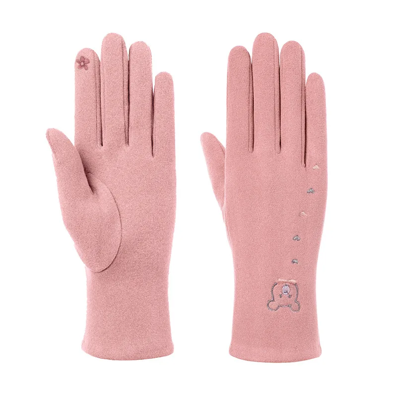 Women Winter Keep Warm Touch Screen Thin Section Gloves Cute Lovely Bear Embroidery Plus Velvet Inside Windproof Cycling Soft