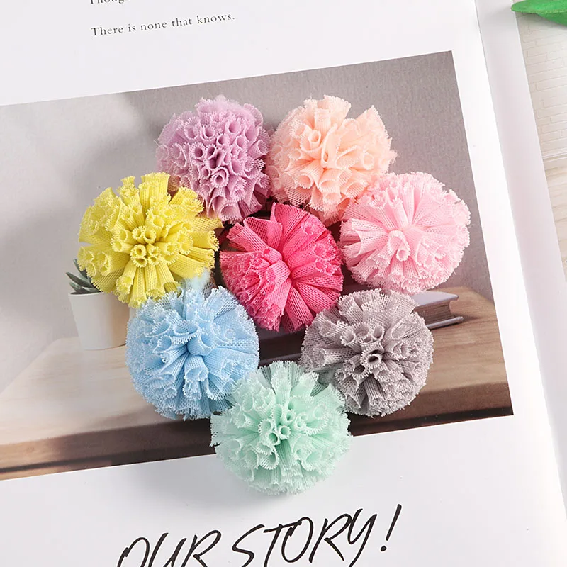 10Pcs/Lot 40mm Lace Ball DIY Gauze Elastic Flower Pompoms Craft Plush Mesh Pendant For Head Hair Wedding Dress Sew Accessories