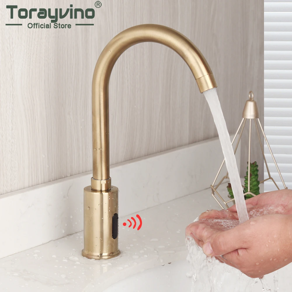 Torayvino Sensor Bathroom Faucet Brushed Gold Automatic Hands Free Sensor Mixer Water Tap Deck Mounted Basin Sink Bathtub Faucet