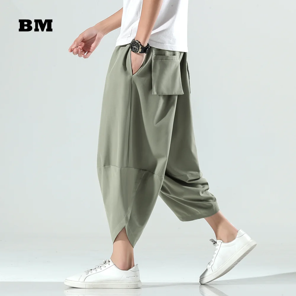 Pantalones bombachos sueltos y finos de talla grande para hombre, ropa de calle japonesa, pantalones deportivos recortados, bombachos Harajuku, primavera y verano, 2021