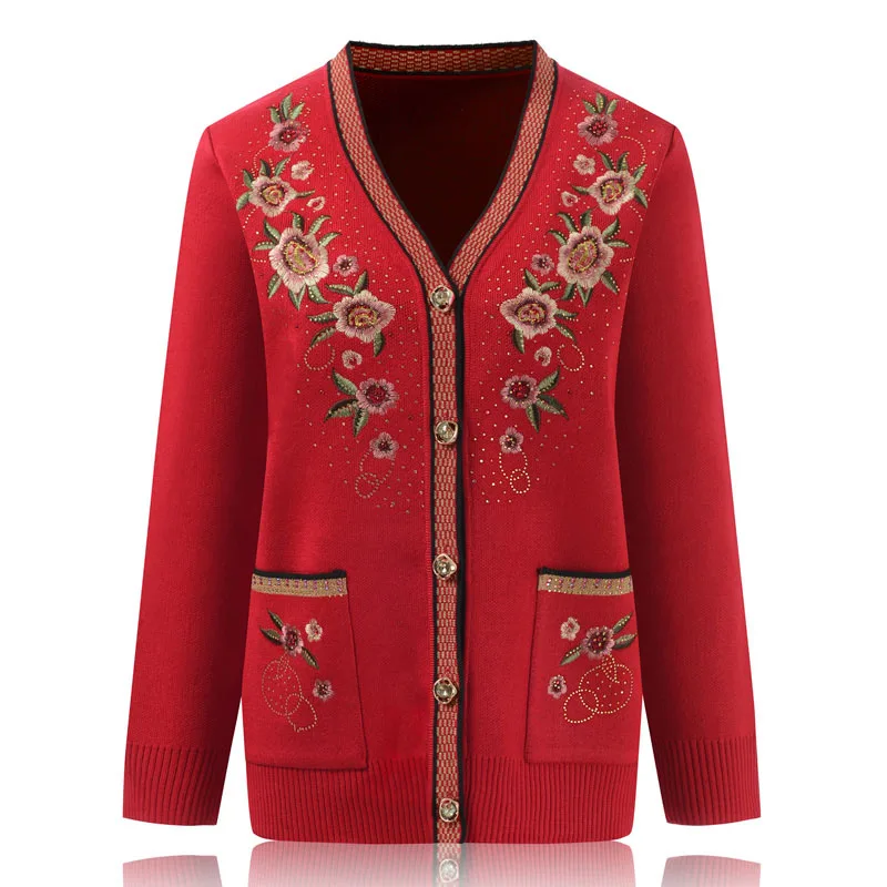 Middle-aged Elderly Women Sweater Cardigan Coat New Autumn  Winter Jacket Long-sleeved Embroidery knitt Sweater Female Tops R616