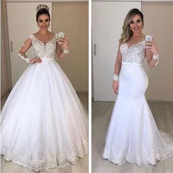 Sheer Long Sleeves Mermaid Wedding Dresses See Through Back Custom Two Pieces Bridal Gowns Modest Vestidos De Novia