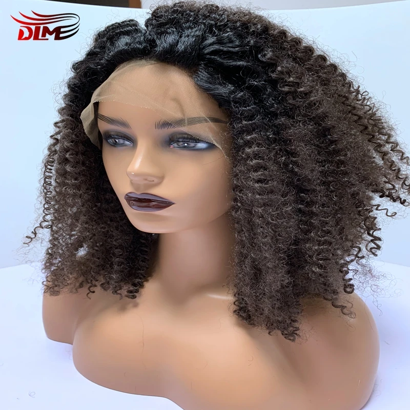 

DLME Afro Kinky Curly Synthetic Wig Transparent Lace Front Wigs Ombre Grey Black Color Curly wig For Black Women HighTemperature