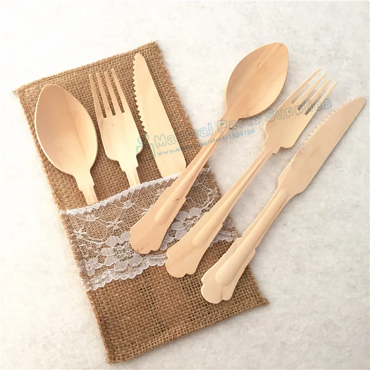 Free Ship 30pcs Wooden Forks Spoons Knives for Wedding Tablesettings Barouque Style Wooden Cutlery Eco Friendly Party Utensils