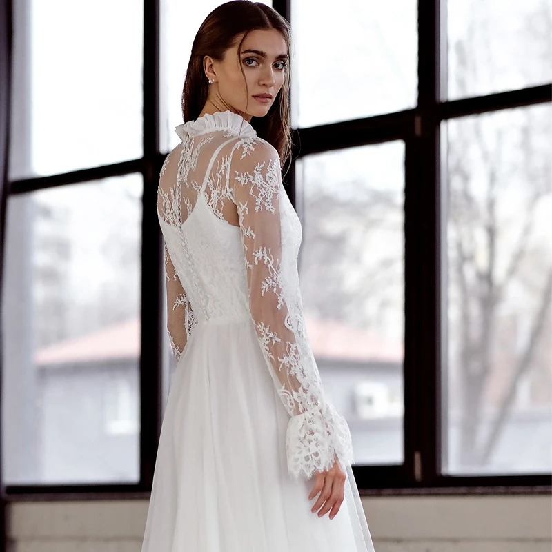 Behomian Lace Wedding Dress Full Flare Sleeve High Neck A-Line Bridal Gown Sweep Train Robe De Mariee For Elegant Women Illusion