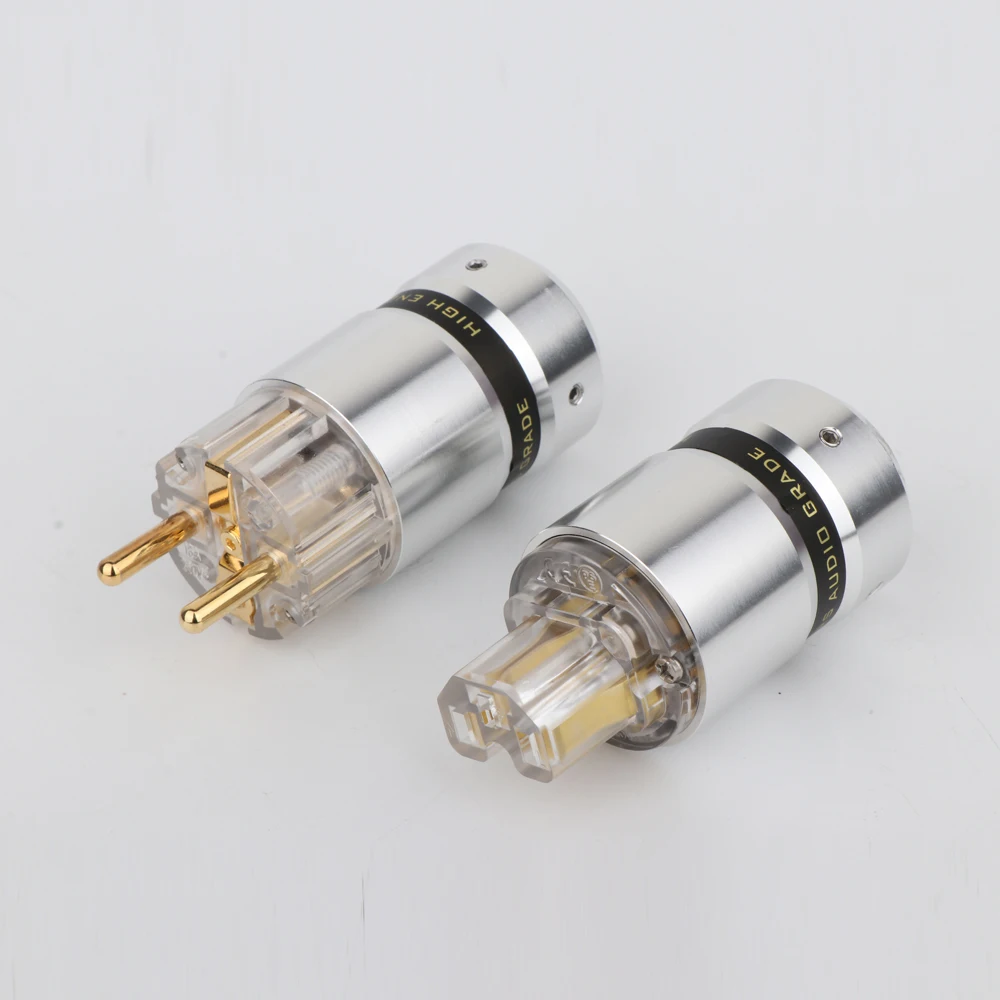 P080G High quality pair Audio Aluminum gold Plated Schuko EU Male Connector+IEC Female Plug