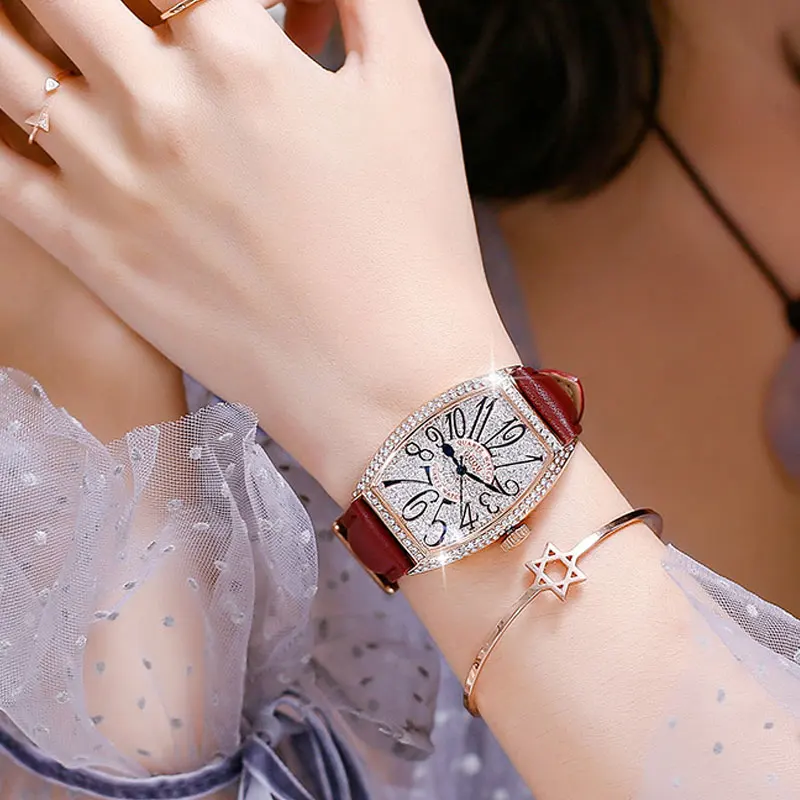 Tonneau Shaped Digital Diamond Dial Watch for Ladies Genuine Leather Strap Waterproof Quartz Wrist Watch for Wife Christmas Gift