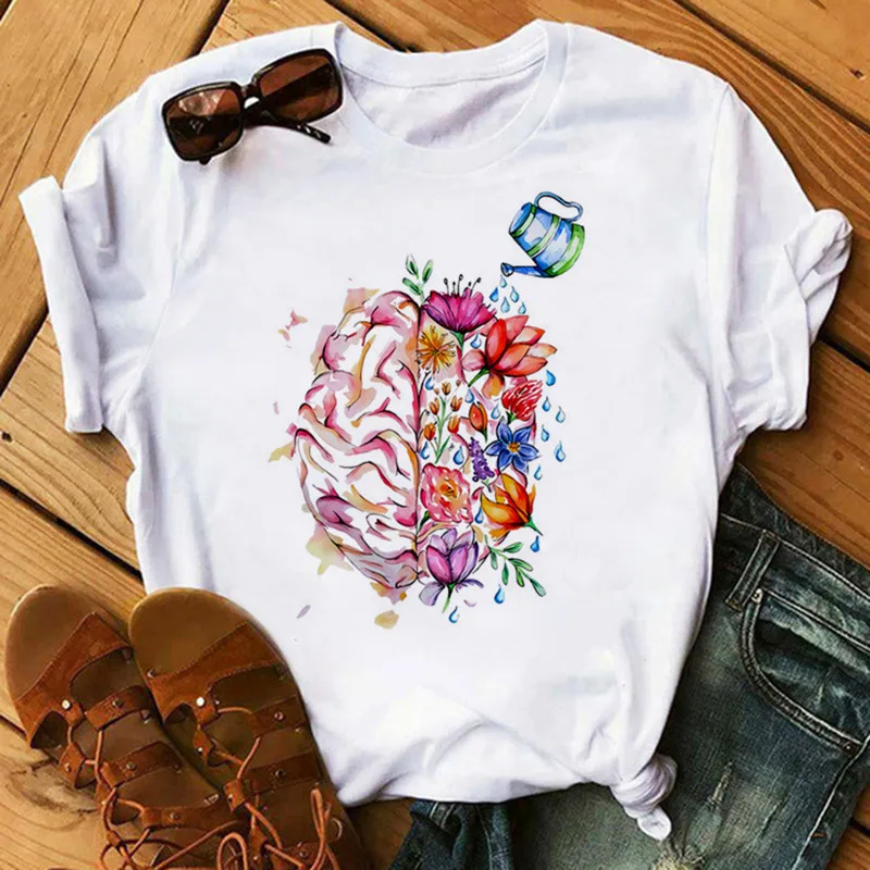 Flower Bee Lady Cartoon Mujer Camisetas White Tops T Shirts Summer Aesthetics Graphic Short Sleeve Polyester T Shirts Female