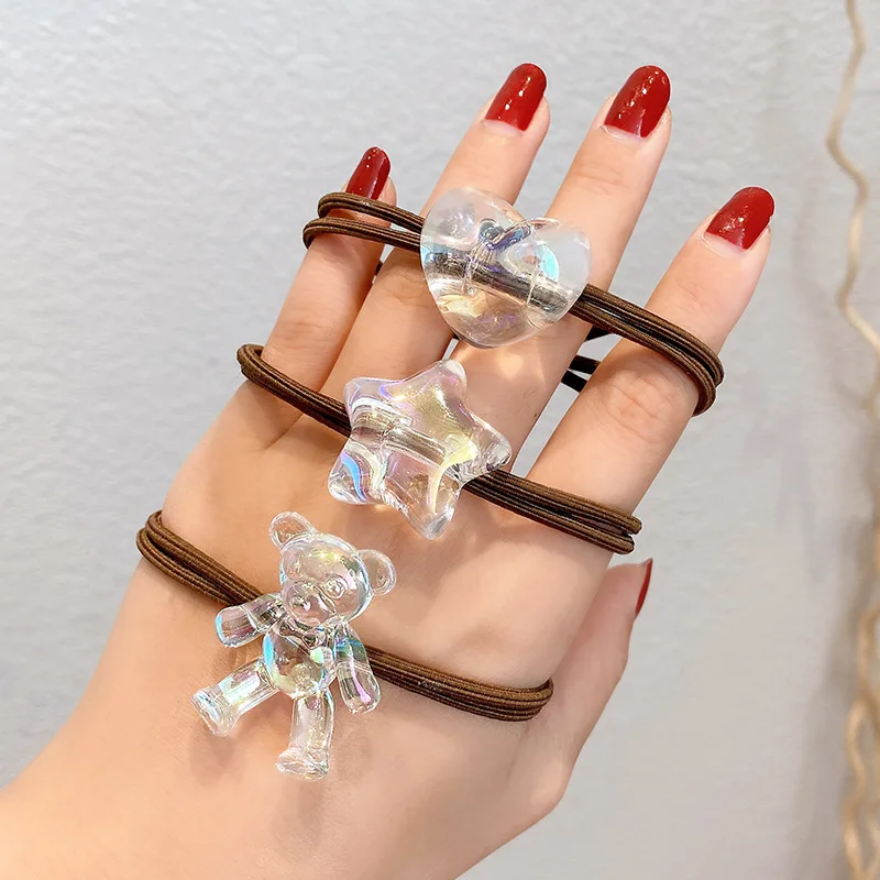 Stars And Bear Balls Head Ins Hair Accessories Cute Girl Head Rope Transparent Ice Cube Hair Rope Sweet All-Match Hair Ring