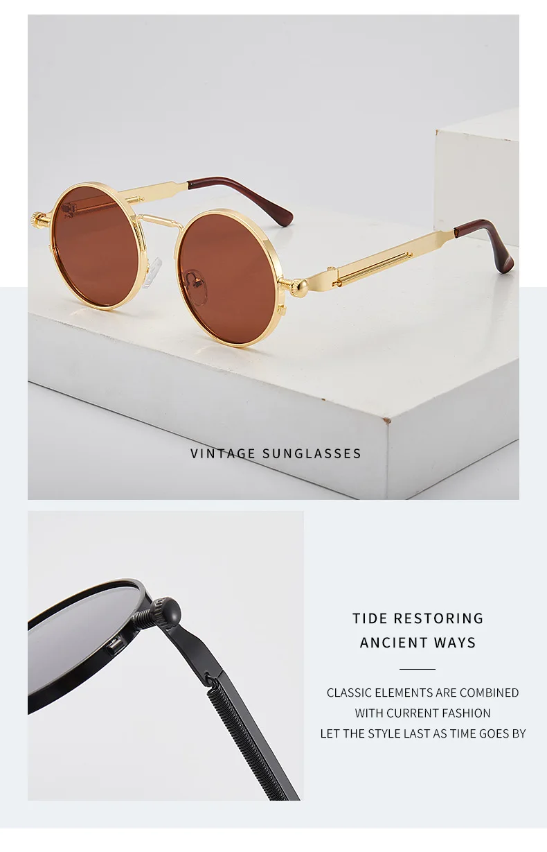 Metall Steampunk Sonnenbrille Männer Frauen Mode Runde Brille Marke Design Vintage Sonnenbrille Hohe Qualität UV400 Brillen – Detail 2