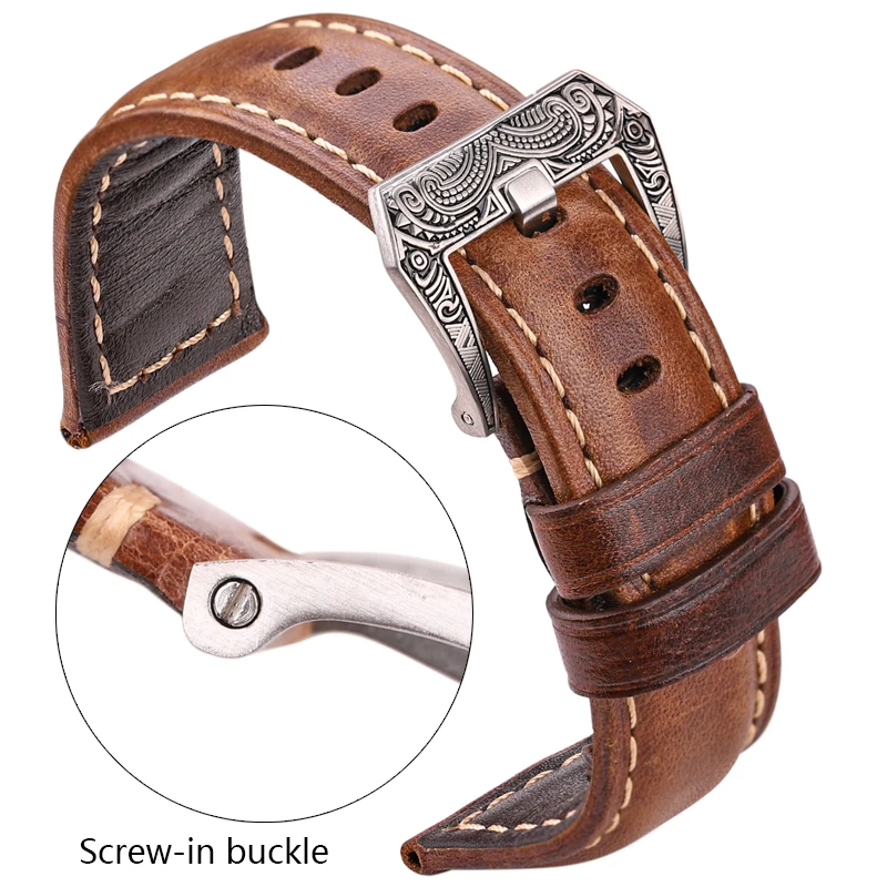 Handmade Watch Band 20mm 22mm 24mm Men Women Genuine Leather Strap With Silver Stainless Steel Screw-in Vintage Pin Buckle