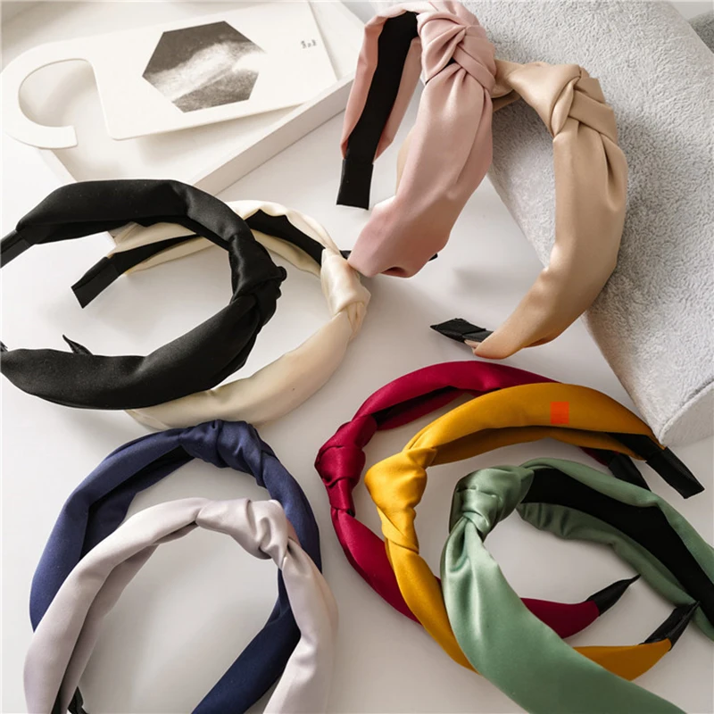 2022 Female Bezel Head Silk Headband for Women Solid Color Wide Hair Hoop Hairband Cross Knot Hair Band Headbands