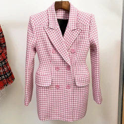 HIGH STREET Newest 2024 Fall Winter Fashion Designer Overcoat Women's Pink Houndstooth Tweed Wool Coat