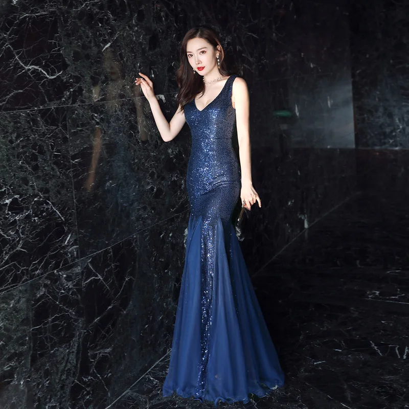 Gợi Cảm Nàng Tiên Cá Dạ HộI Cổ Chữ V Sâu Đầm Dài Đầm Thanh Lịch Đầm Vestido De Fiesta Áo Dây Ruffules Form Đầm Suông YNY-16538 #