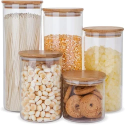 Glass Food Storage Containers Set,Airtight Food Jars with Bamboo Wooden Lids  Kitchen Canisters For Sugar Candy Cookie