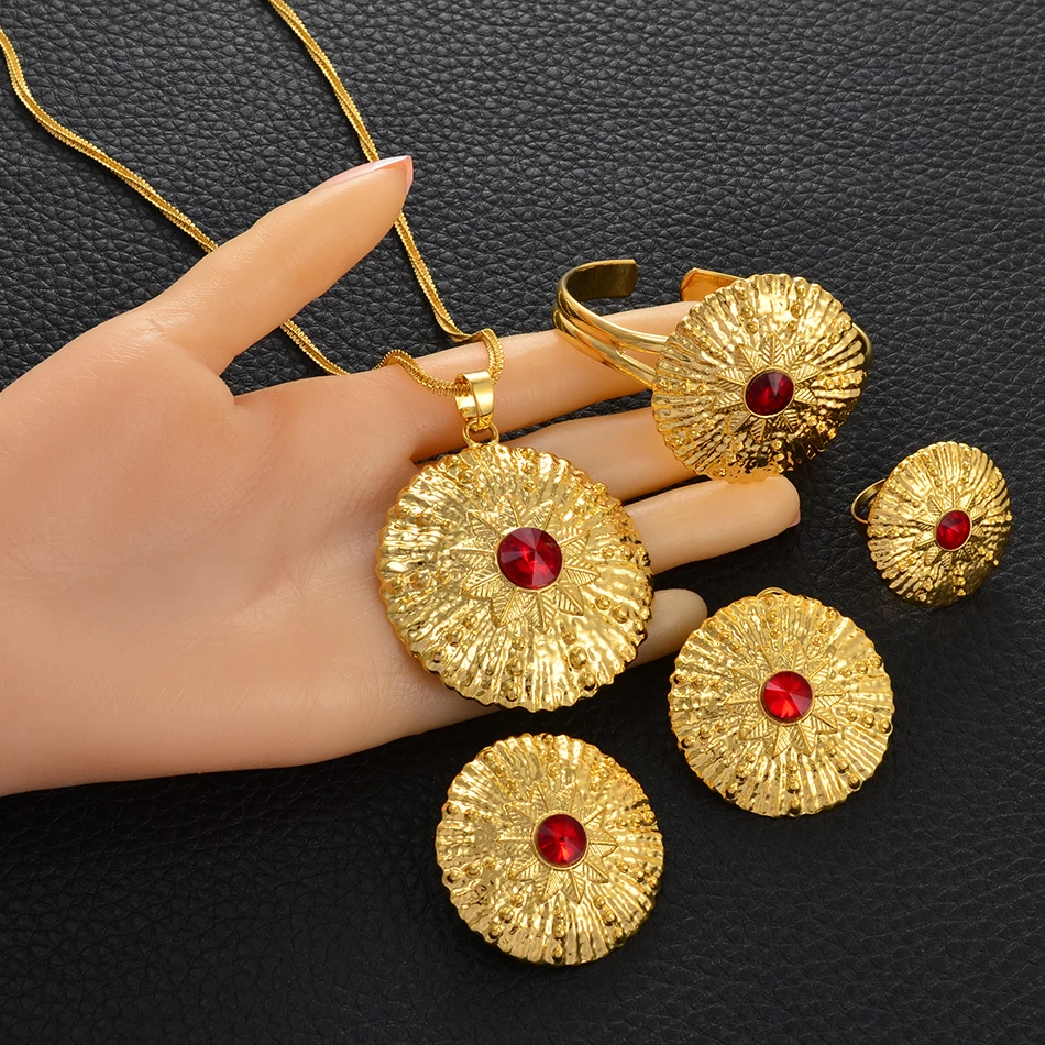 Anniyo Ethiopian Gold Color sets Necklace Bangle Earrings Adjustable Ring Habesha Jewelry Eritrean Best Holiday #056402