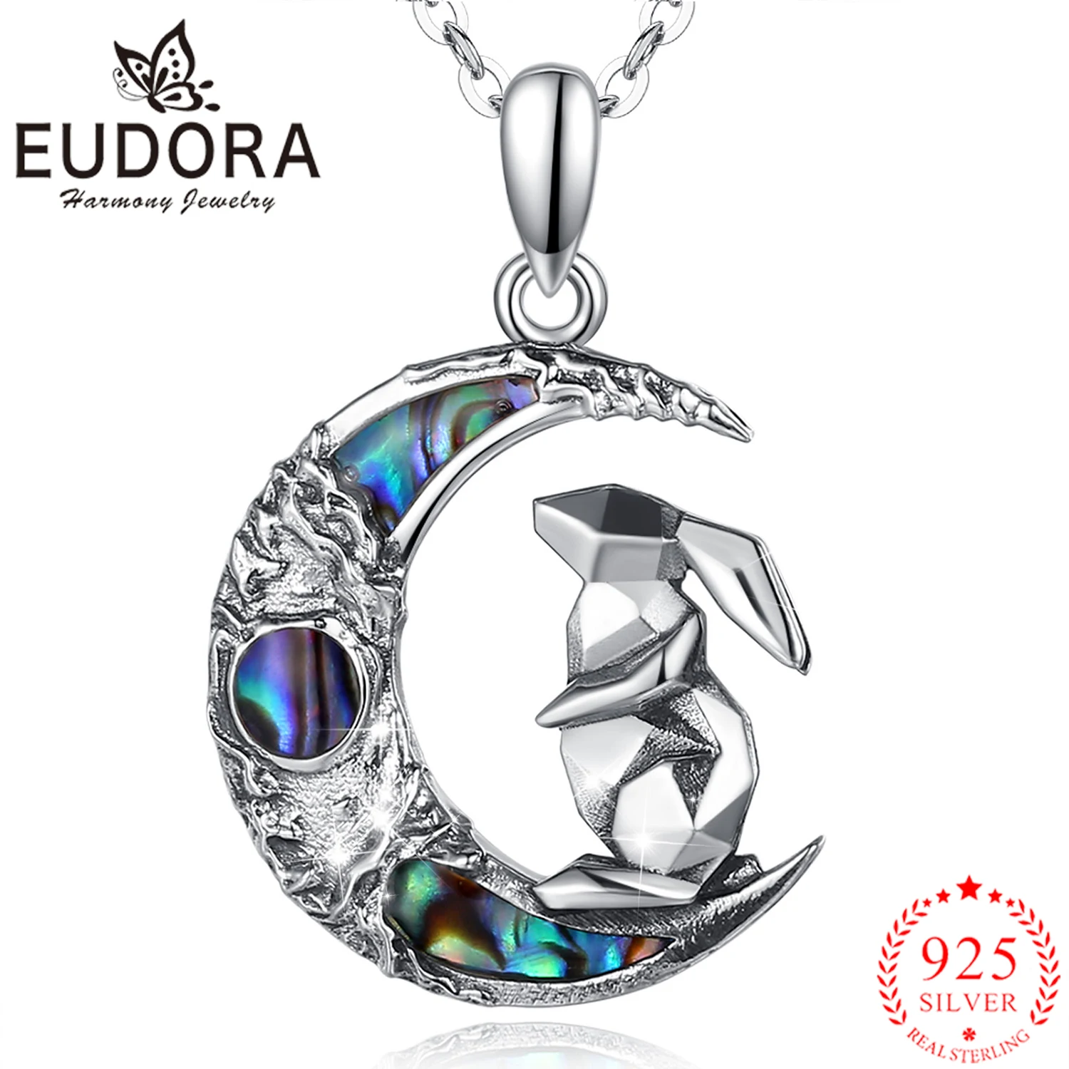 Eudora 925 Sterling Silver Abalone Shell Moon Bunny จี้หอยนางรมสีฟ้าที่มีสีสัน Fine สร้อยคอเครื่องประดับสำหรับผู้นำ Cyd625