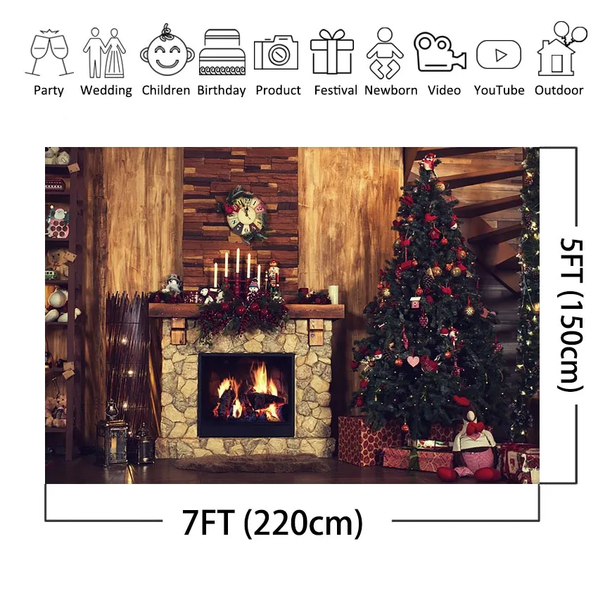 Christmas Fireplace Photography Backdrops Xmas Christmas Tree Sock Gift Wooden Decorations for Portrait Photo Studio Background