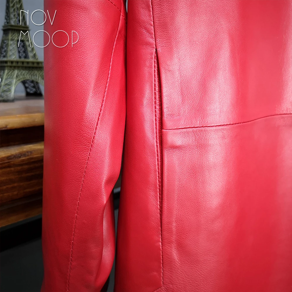 Novmoop Fashion red black color medium and long genuine leather women dress with pocket zipper decor kurtki damskie LT2809