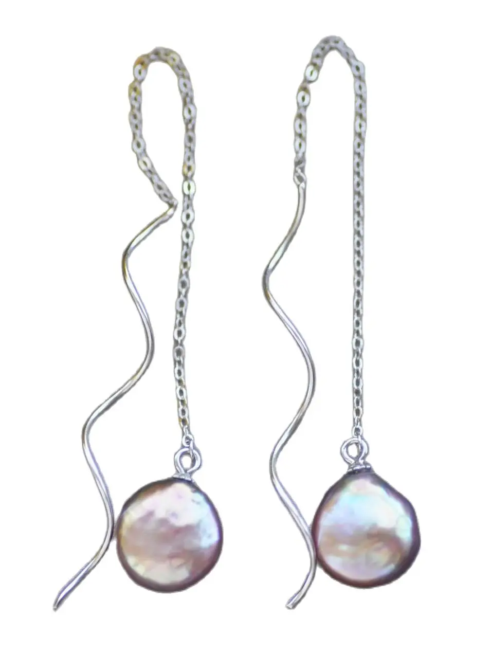 

MTC·STAR Z11125 12mm Lavender Coin Pearl 925silver Chain Dangle Earring