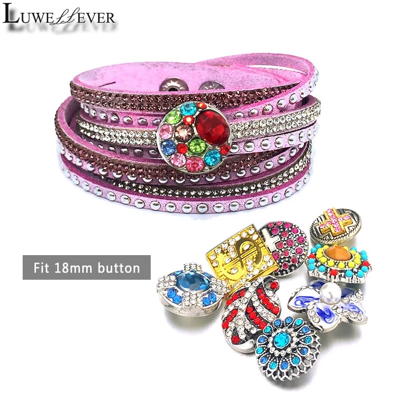 New Interchangeable Crystal 189 Rhinestones Velvet Leather Bracelet 18mm Snap Button Jewelry Charm Bangle For Women Gift 39cm