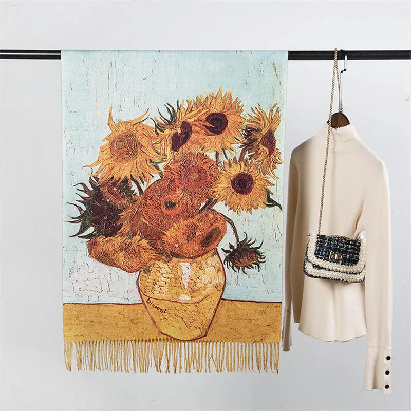 Bufanda de cachemira con pintura al óleo de Van Gogh para mujer, jarrón de girasol, borla, Pashmina, manta, chales, Foulard de diseño de moda,