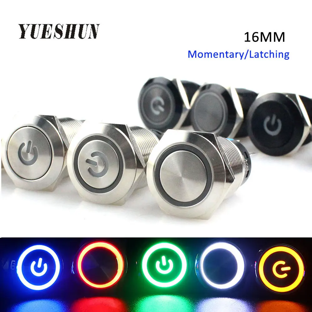 

Metal Waterproof 16mm LED Light Push Button Switch Momentary Latching Auto Car Engine Start PC Power switches 12V 24V 220V