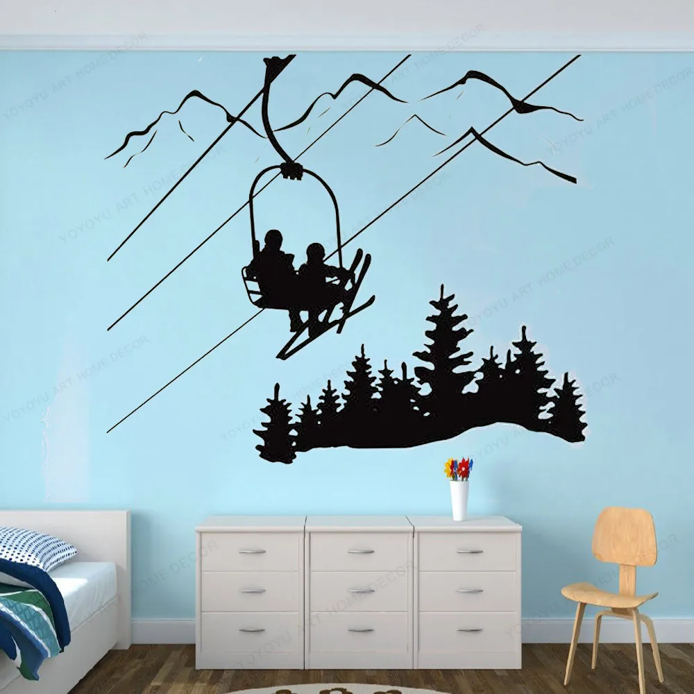 Winter Sports Wall Sticker Ski Lift Chair Mountain Pine Tree Wall Decal Downhill Art Mural Perfect for Skiing Wall Decor HJ1083