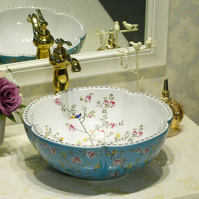 

Jingdezhen Blue white Flower and Bird Vessel Sink Flower Shape pink Ceramic Counter top Art Wash Basin for Bathroom