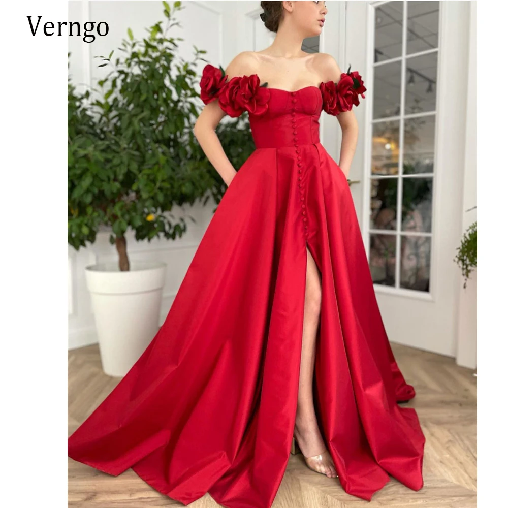 Verngo 2021 novo design vermelho uma linha de cetim vestidos de noite longos fora do ombro mangas curtas bottons frente lado formal vestidos de baile