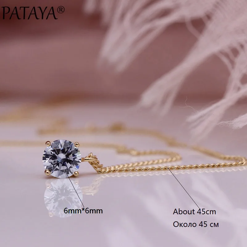 PATAYA New Simple White Round Long Necklaces 585 Rose Gold Color Pendants Women Natural Zircon Cute Engagement Fashion Jewelry