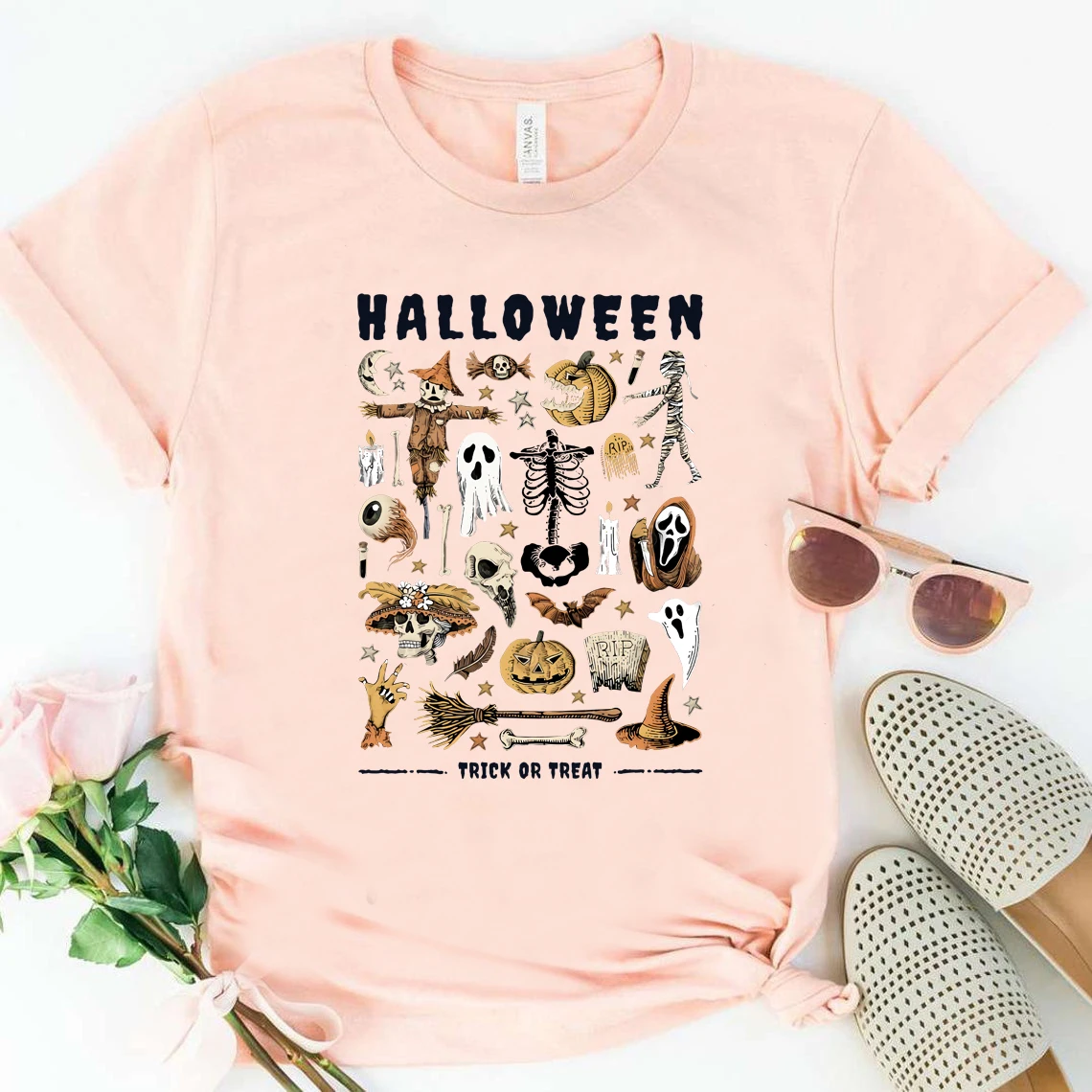 Women Halloween T-shirt Trick or Treat Spooky Witch Shirt Ghost Nightmare Pumpkin shirt vintage aesthetic Tee Halloween Tops