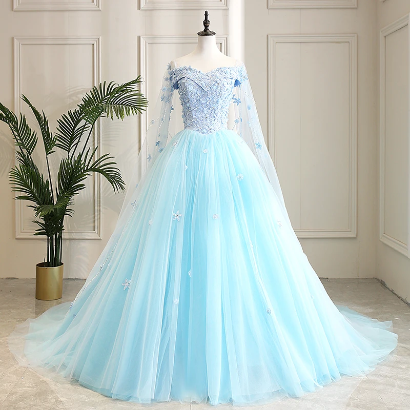 light blue fairy shoulder veil ball gown long dress vintage medieval dress Renaissance princess Victoria dress