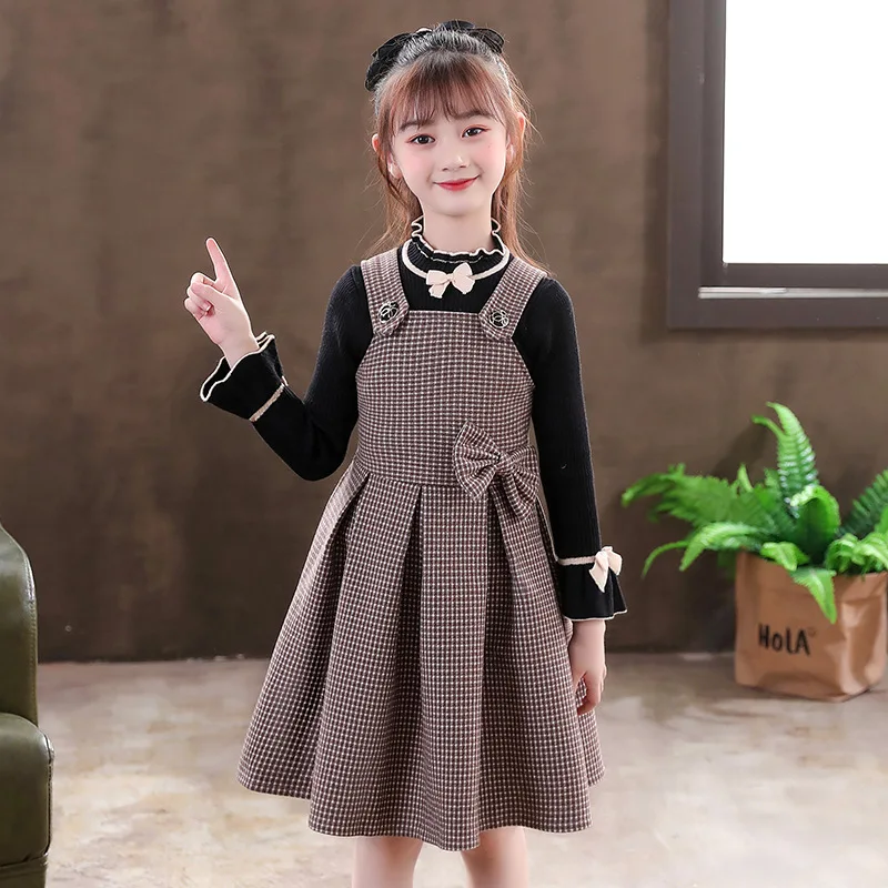 

Autunm Winter Girls Lattice Pleated Skirt Kids Academic Atmosphere Dress Children Lovely Bow Long Sleeve Two Piece Set