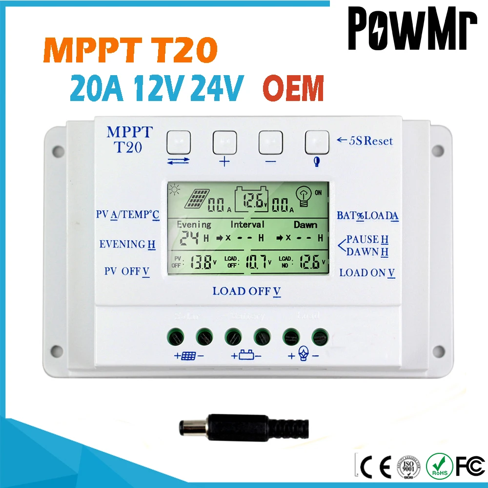 20A MPPT 12V/24V Solar Panel Battery Regulator Charge Controller T20 LCD Display Home Solar Panel PV Regulator Wholesales